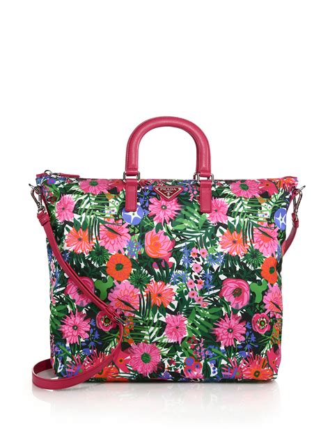 prada leather trimmed floral tote bag|Prada nylon tote bag small.